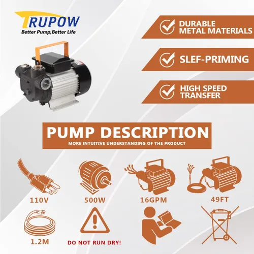 Vista 2 de Trupow Bomba de transferencia de combustible de aceite diesel, queroseno y biodiesel de 110V CA, autocebante eléctrica, 16 GPM