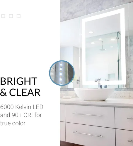 Vista 3 de Mirrors & Marble Espejo de pared LED mediano – Espejo rectangular iluminado frontal para baño, dormitorio o ducha, antivaho y montado en la pared