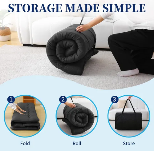 Vista 9 de Colchón de futón japonés – Colchón grueso de color negro, almohadilla plegable de tatami de 5 capas con bolsa de almacenamiento y correas, colchones