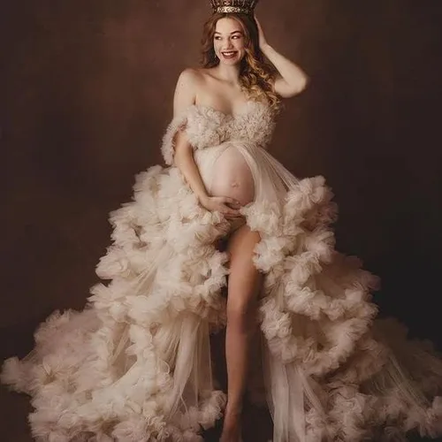 Vista 5 de NNagrace Vestido de maternidad de tul para sesión de fotos con volantes hinchados, vestido largo de lencería nupcial, vestido de baby shower