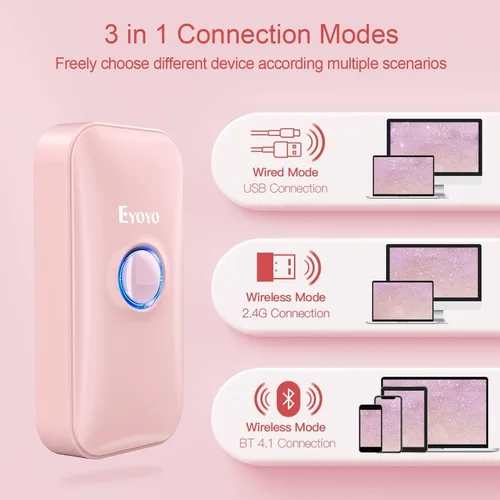 Vista 6 de Eyoyo Mini escáner de código de barras Bluetooth 1D, 3 en 1 Bluetooth y USB con cable y lector de código de barras inalámbrico de 2.4G, escaneo