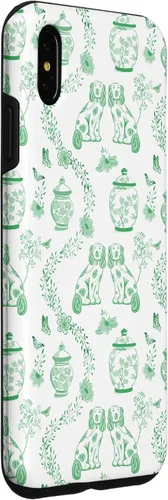 Vista 3 de Funda para iPhone XS Max Preppy Green & White Toile Chinoiserie Dogs and Ginger Jars