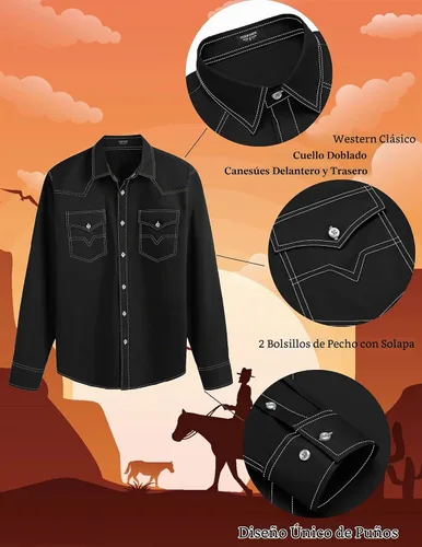 Vista 7 de COOFANDY Camisa vaquera de manga larga para hombre, de algodón, con botones, estilo casual, con bolsillos 01-Negro