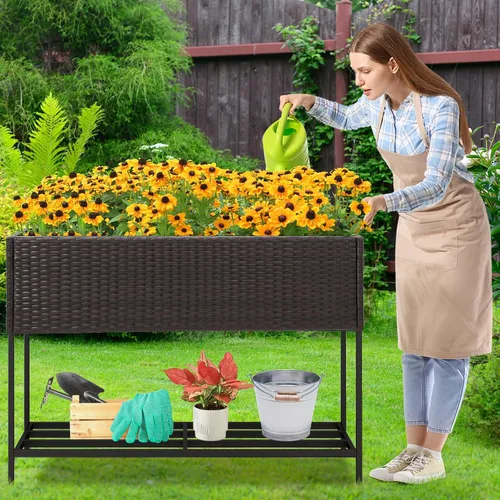 Vista 9 de HAPPYGRILL Cama de jardín elevada de ratán con patas, estante inferior de Maceta elevada con forro extraíble, sistema de drenaje, maceta elevada