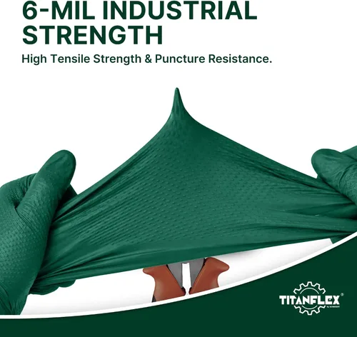 Vista 2 de TitanFlex Heavy Duty Industrial Nitrile Gloves with Raised Diamond Texture, 6-mil, Latex Free (Dark Green/Yellow)
