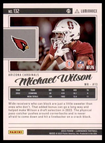 Vista 2 de 2023 Panini Luminance #132 Michael Wilson RC Rookie Card Arizona Cardinals Official NFL Football Card in Raw (NM or Better) Condition