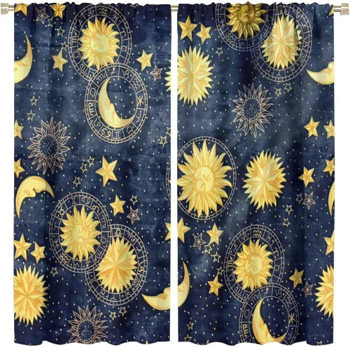 Vista 17 de Cortinas opacas con diseño de sol y luna, cuerpos celestes bohemios, con diseño de sol, luna y estrellas, para sala de estar, dormitorio, 42 x 45
