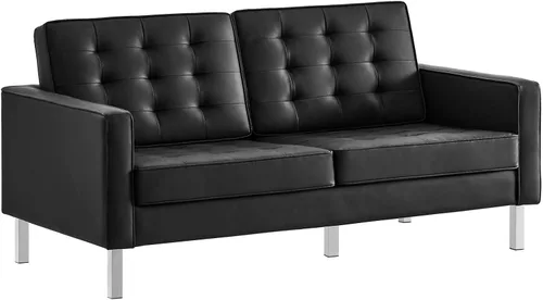 Vista 10 de Modway Banco grande tapizado de piel sintética con botones copetudos en color negro plateado
