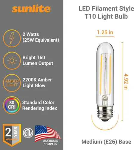 Vista 2 de Sunlite 80610 - Bombilla tubular de filamento LED T10, 2 vatios (equivalente a 25 W), 160 lúmenes, base E26, regulable, 4.961 in, 1 paquete de 2200