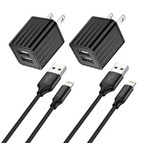 Vista 9 de Cargador de iPhone de 10 pies, bloque de carga rápida para iPhone de doble puerto USB, adaptador de enchufe de pared de 2 paquetes y cable de carga