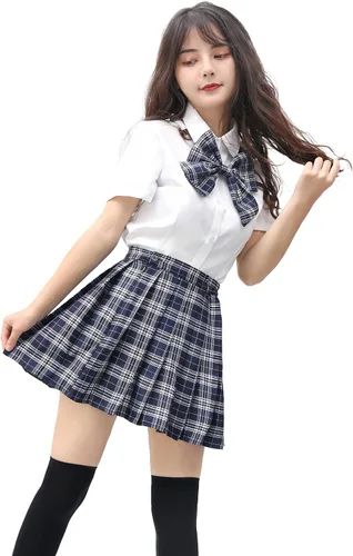 Vista 5 de PROCOS Disfraz de talla estadounidense para mujer, uniforme japonés con corbatín a cuadros, 5 piezas para Navidad