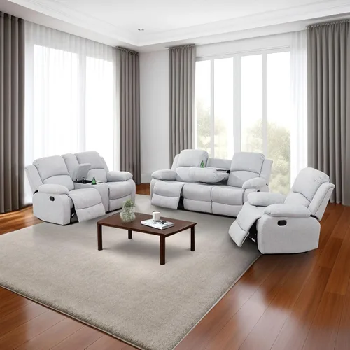 Vista 29 de Juego de sala de Estar reclinable de 3 piezas, juego de sofá reclinable Manual para conjunto de muebles de sala de Estar, con consola de Rojo