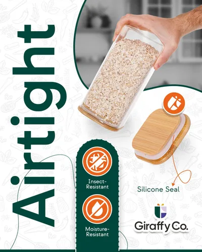 Vista 6 de Tarros de vidrio para almacenamiento de alimentos con tapas herméticas, recipientes de despensa de boca ancha, vidrio grueso sin BPA, resistente a