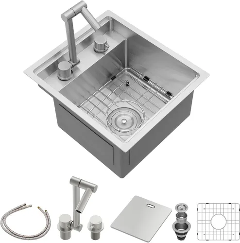 Vista 32 de Sarlai Gold Fregadero de Cocina Empotrado - Fregadero de Cocina de 28 Pulgadas Empotrado de Acero Inoxidable Dorado Tazón Individual de 28" x 19