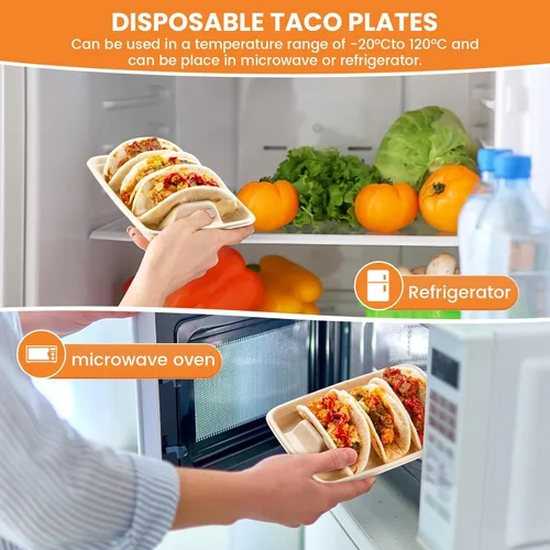 Vista 4 de 25 soportes desechables para tacos para fiestas, platos de taco de fibra de pulpa de bagazo con 3 divisores, soporte para bandeja de tacos