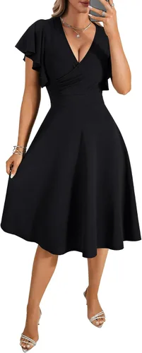 Vista 2 de LYANER Vestido de cóctel de manga corta con volantes y cuello en V, de línea A, con vuelo y estilo midi para mujer Negro puro