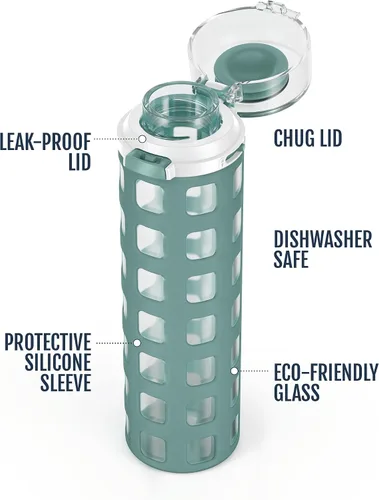 Vista 2 de Ello Syndicate - Botella de agua de vidrio reutilizable de 20 onzas con tapa abatible a prueba de fugas de un solo toque, funda protectora