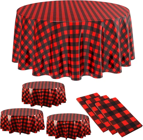 Vista 23 de Remagr Mantel Desechable de Cuadros Redondo de Plástico Buffalo Plaid Mantel de Mesa de 84'' Cubierta de Mesa Gingham para Picnic Camping BBQ Fiesta
