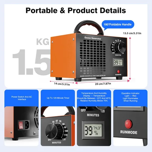 Vista 4 de Generador de ozono Máquina eliminadora de olores - Purificador de ionizador de aire 2 en 1 160,000 mg/H Desodorizador O3 de alta capacidad
