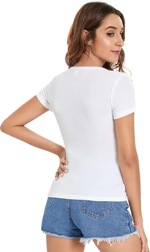 Vista 3 de Verdusa Camiseta básica de manga corta para mujer, cuello redondo, ajustada, casual