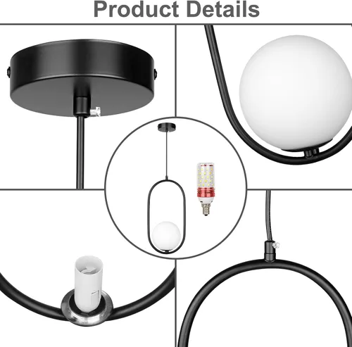 Vista 7 de lobolighting Iluminación colgante moderna, paquete de 2 lámparas colgantes negras de altura ajustable, lámpara de mediados de siglo, globo de vidrio