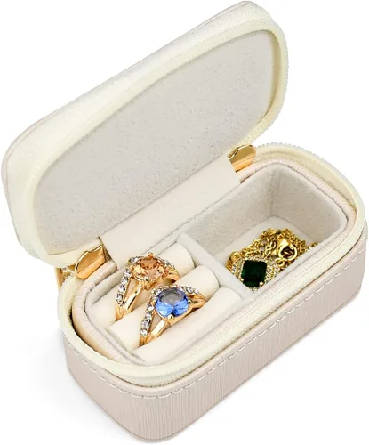 Vista 6 de SANQIANWAN Mini caja de lujo para anillos de viaje para mujer, estuche portátil de cuero para joyas, organizador para anillos, aretes, collares