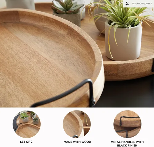 Vista 3 de Signature Design by Ashley Jocelyn - Juego de 2 bandejas de madera con asas de metal, color marrón Sturdy wood products base with black metal