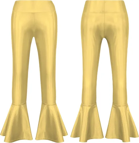 Vista 4 de Oyolan Pantalones acampanados metálicos brillantes para niñas, pantalones de cintura alta, pantalones de leggings modernos de jazz, hip hop