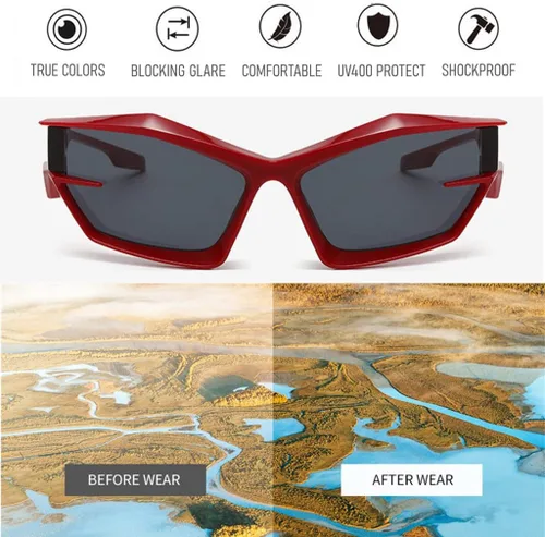 Vista 9 de Cool Futuristic Y2K - Gafas de sol para hombres y mujeres, deportes envolventes alrededor del escudo de ojo de gato, lentes de sol espaciales