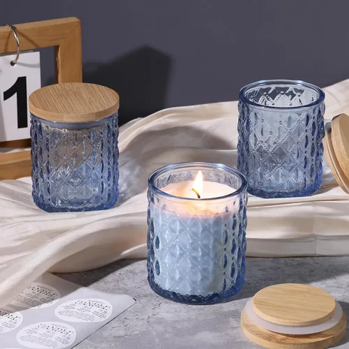Vista 4 de NITIME 15 tarros de velas azules de 7.5 onzas para hacer velas, vasos de vela de vidrio con tapas de bambú y etiquetas adhesivas, recipientes