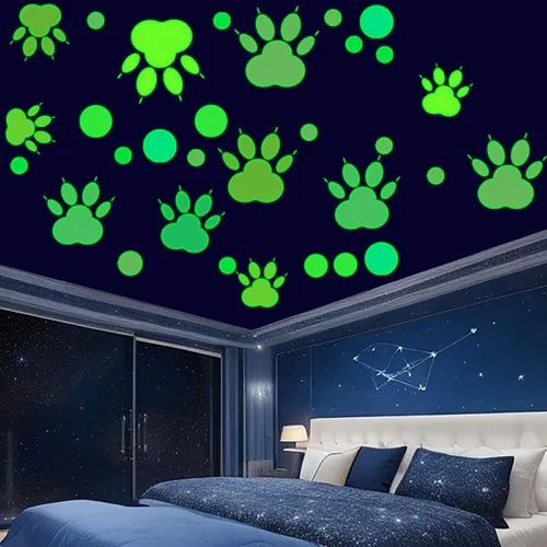 Vista 7 de Calcomanías con estampado de patas que brillan en la oscuridad, 128 calcomanías de pared luminosas y coloridas para dormitorio de niños, guardería