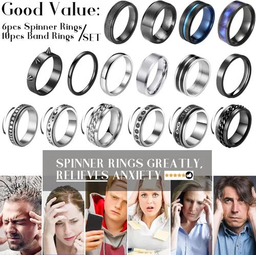 Vista 4 de FAXHION - Anillos de acero inoxidable para la ansiedad para hombres mujeres niños y niñas juego de anillos para la ansiedad negros y plateados