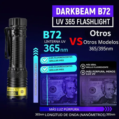 Vista 8 de Linterna UV USB-C recargable 365nm, mini linterna de luz negra UV B72-365 (azulado)
