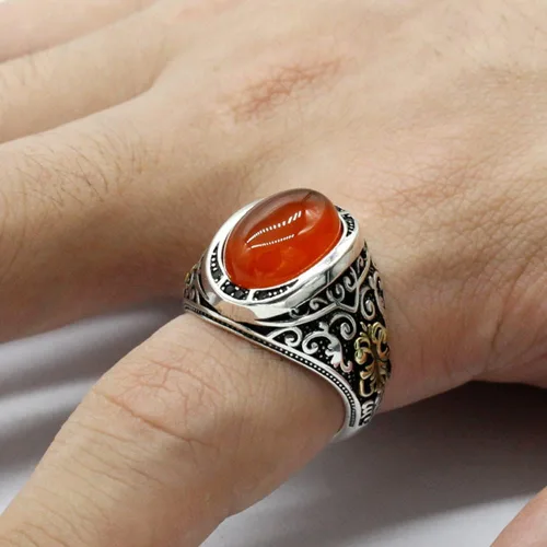 Vista 6 de Orange Agate Stone 925 Sterling Silver Men's Ring Arab Design Men's Ring Gift For Others