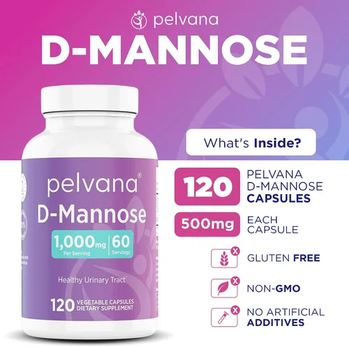 Vista 2 de Pelvana D-manosa 120 cápsulas (500 mg cada una) – 1000 mg por porción – Ayuda y mantiene el tracto urinario saludable, elimina las impurezas