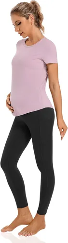 Vista 5 de Foucome Leggings de maternidad para mujer con bolsillos sobre el vientre, leggings de entrenamiento para yoga, pantalones de trabajo activo