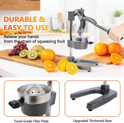 Vista 5 de Exprimidor de cítricos de hierro fundido, exprimidor manual comercial extra grande, exprimidor de granada naranja, limón, lima y granada con taza