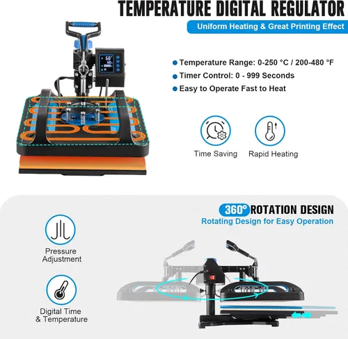 Vista 4 de Leomru máquina de prensa de calor 5 en 1, prensa de calor para sublimación de 12x15 pulgadas, máquina industrial de presión para camisetas, máquina