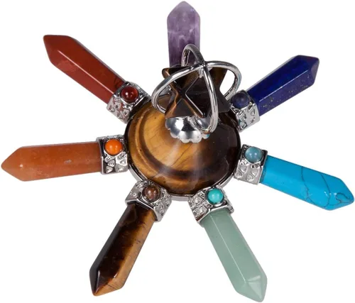 Vista 2 de Nupuyai Generador de energía de 7 chakras, torre cónica de pirámide de punto de cristal curativo de reiki con piedra de estrella Merkaba, piedra