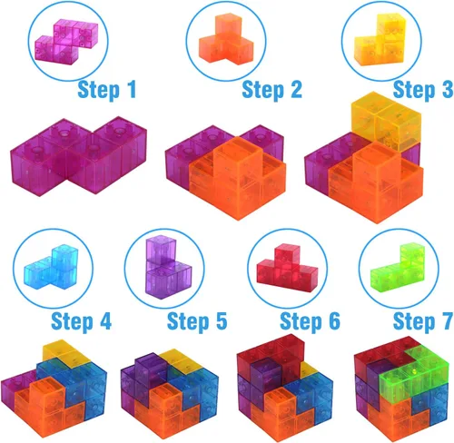 Vista 5 de WorWoder Bloques de construcción magnéticos para niños, cubos magnéticos 3D rompecabezas mágicos, juego de 7 bloques magnéticos de múltiples formas