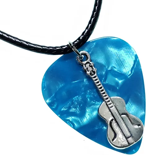 Vista 8 de Collar de púa de guitarra con dije de guitarra y cadena de cordón de cuero vegano