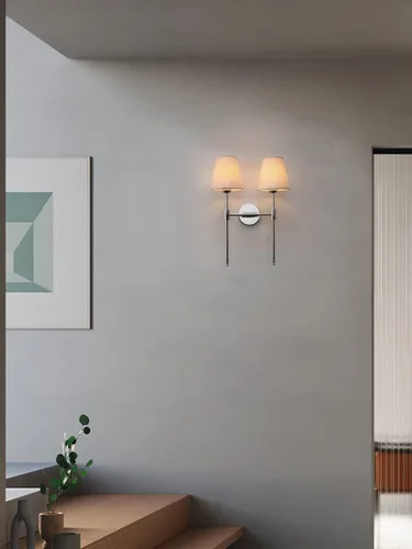 Vista 2 de PERMO Lámpara de pared doble clásica cromada 2 luces con pantalla de tela blanca acampanada para montaje en pared rústico