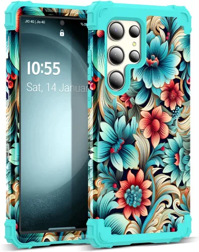 Vista 50 de Funda para Galaxy A14 5G Case, Patrón Floral 3 en 1 Protección Resistente de Servicio Pesado a Prueba de Golpes Parachoques de Goma de Silicona
