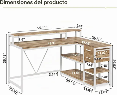 Vista 3 de LITTLE TREE Escritorio para computadora en forma de L de 55 pulgadas, escritorio reversible para computadora con cajones y estantes