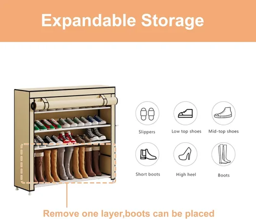 Vista 7 de Calmootey Zapatero organizador de 5 niveles para 25 pares, estante portátil para zapatos con cubierta de tela no tejida para armario, pasillo
