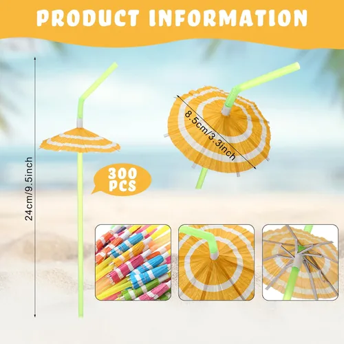 Vista 3 de Sieral 300 popotes para sombrillas, para decoración de fiesta Luau, pajitas de cóctel hawaianas flexibles con paraguas, popotes desechables