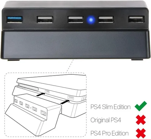 Vista 2 de Hub USB de 5 puertos para PS4 Slim solamente, VSEER USB 3.02.0 Cargador de alta velocidad Controlador Divisor Expander para PS4 Slim