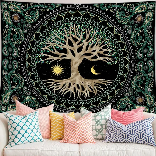 Vista 9 de FORATER Tapiz Colgante de Pared del Árbol de la Vida Colorido Tapices del Árbol de la Vida Estético Tapiz de Pared de Sol y Luna Galaxia