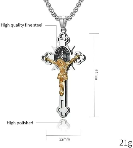Vista 7 de ST.Benedict - Collar con colgante de cruz de poder de protección, collar con colgante de crucifijo de acero inoxidable religión, regalo de joyería