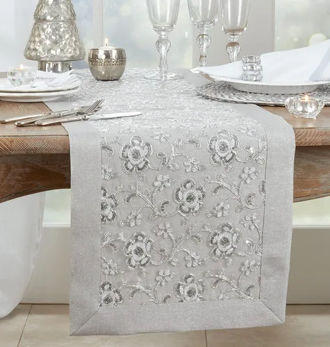 Vista 3 de SARO LIFESTYLE Camino de mesa bordado floral, plateado, 16"x120